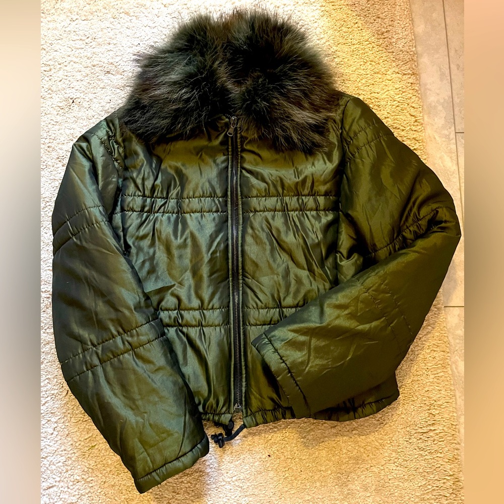 Cristina Gavioli metallic green bomber with removable fur.